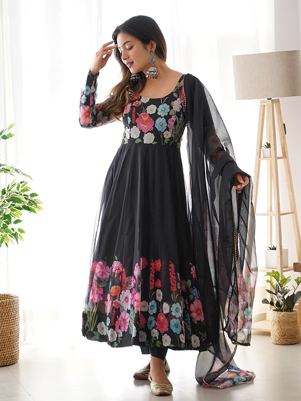 New Readymade Black Georgette Gown Dupatta Beautiful Anarkali Dress Long  Kurtis | eBay